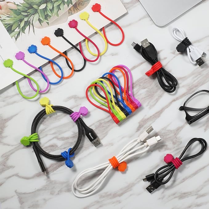 SOOOEC Snap On Magnetic Cable Ties, 32 Pack 7.2" Magnetic Cord Organizer Cute Cloud Design, Silicone Twist Ties with Strong Magnet for Bundling and Cable Management, Fridge Magnets, Assorted Colors.