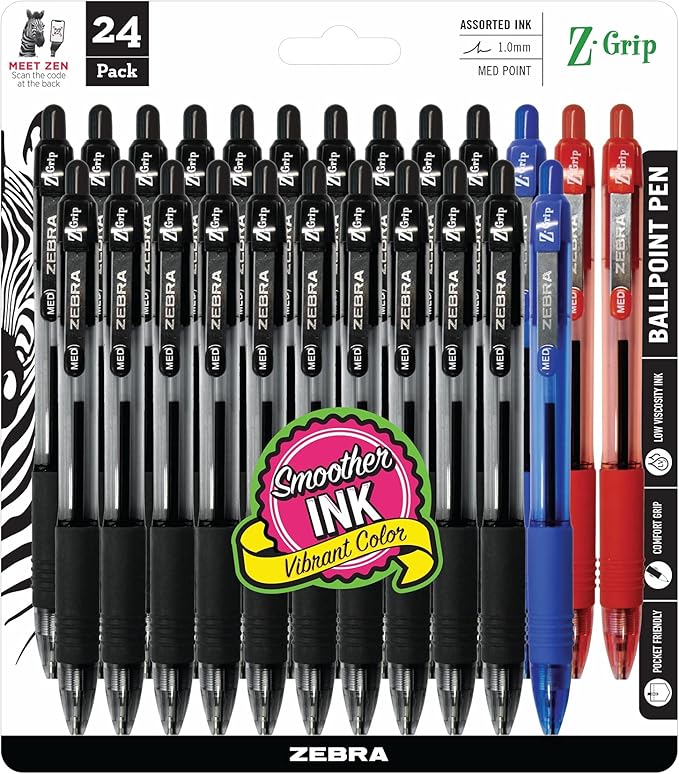 Zebra Pen Z-Grip Retractable Ballpoint Pen, Medium Point, 1.0 mm, 20 Black, 2 Blue, & 2 Red - Pack of 24