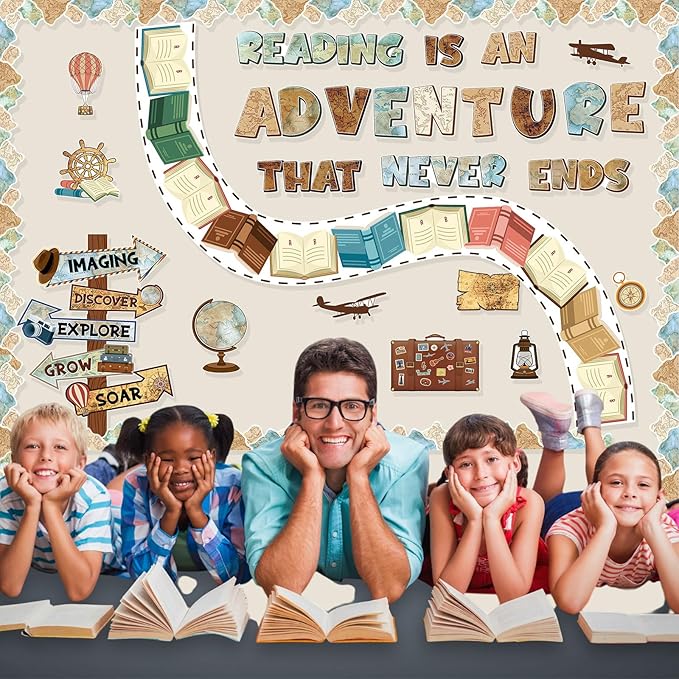 Honoson 48 Pcs Travel Bulletin Board Set Classroom Decorations Reading is an Adventure Bulletin Board Motivational Paper Cutout for Back to School Library Chalkboard Wall Decor(Travel)
