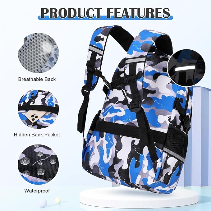 Camo Backpack for Boys, Tactical Boy Backpacks for School, Kids Backpack With Lunch Box Pencil Case USB Charging Port Military Army SchoolBags for Boy Teens Kids Elementary Middle High School