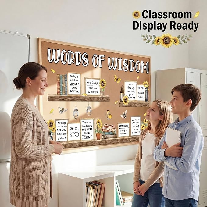 Qilery Sunflower Bulletin Board Decorations Set - Rustic Farmhouse Classroom Decor with Inspirational Quotes Cutouts, Motivational Wall Art for Teachers, Preschool, Library & Spring School Supplies