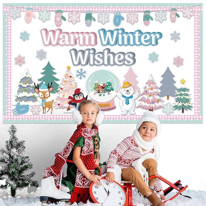 Winter Bulletin Board Set Classroom Decorations Pastel Xmas Tree Snowflake Gloves Paper Cutouts Warm Winter Wishes Bulletin Board Christmas Cutout for School Home Office Wall Door Decor Supplies
