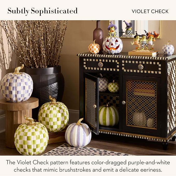 MACKENZIE-CHILDS Mini Decorative Pumpkin for Fall Decor, Autumn Decorations for Home, Violet Check