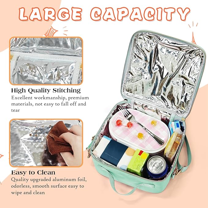 Insulated Lunch Bag Women Lunch Box Kids for Teen Girls Boys, Cute Preppy Lunch Boxes With Adjustable Shoulder Strap, Waterproof Nylon Lunchbox Lunch Bags for School Work Picnic (Green)