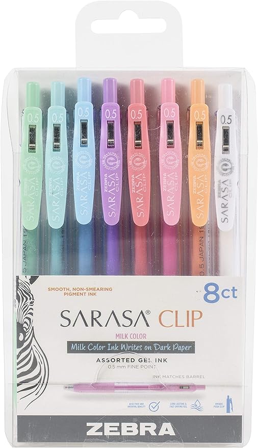 Zebra Pen Sarasa Clip Retractable Gel Pen, 0.5mm Fine Point, Assorted Milk Colors, Ideal for Office and School, Journal, Note Taking and Planner Use, 8-Pack (48908)