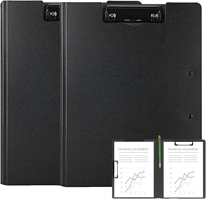 2 Pack Foldable Clipboards, A4 Office Clipboard Folder with Double Metal Clips, 360 Degree Foldable Binder Clipboard with Pen Holder, File Cover Work Folder Clipboards, Black