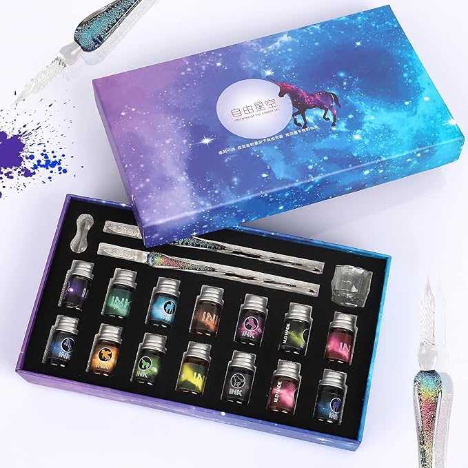 glass dip pen set,Calligraphy pens for beginners,ink pen, Writing, Signatures, Calligraphy, Decoration, Gift with two Art pen (Colorful)