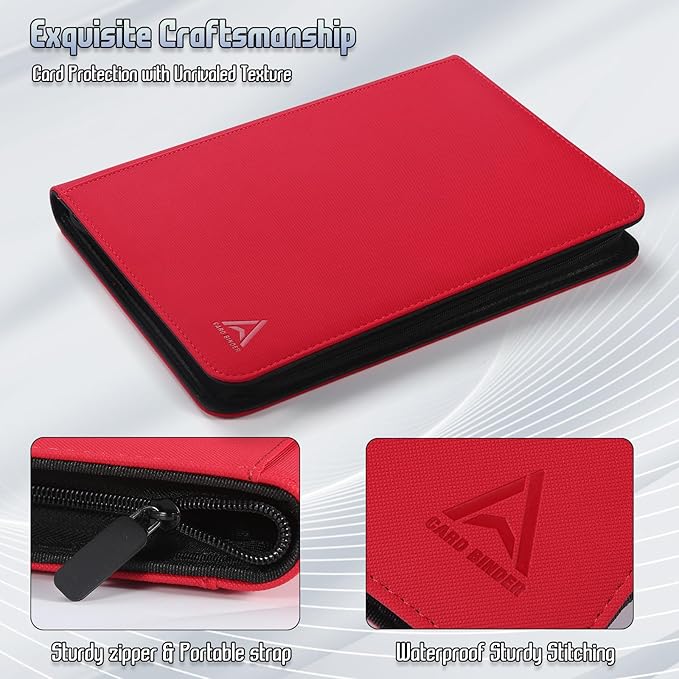 9 Pocket Card Binder - 540 Capacity with Zip Closure Premium, Double-Sided,Sturdy & Sleek PU Leather Protector for MTG, TCG, Sport & Collectible Cards (Red)