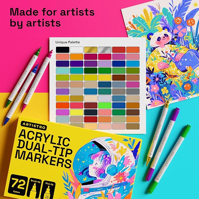 ARTISTRO 72 Acrylic Paint Markers - Paint Pens for Calligraphy, Brush + Fine Tips - For Fabric, Rock, Glass, Wood, DIY, Craft, Canvas - Art and Craft Supplies for Adults, Teens, Kids