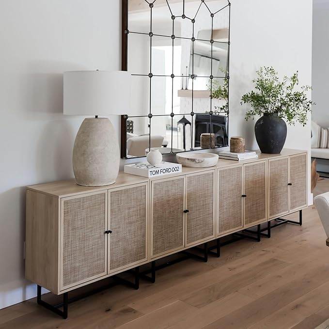Nathan James Kova Accent Sideboard Storage Cabinet in Light Wood and Rattan with Metal Frame, Adjustable Shelves and Cane Doors, for Hallway, or Living Room, Light Oak/Cane/Black