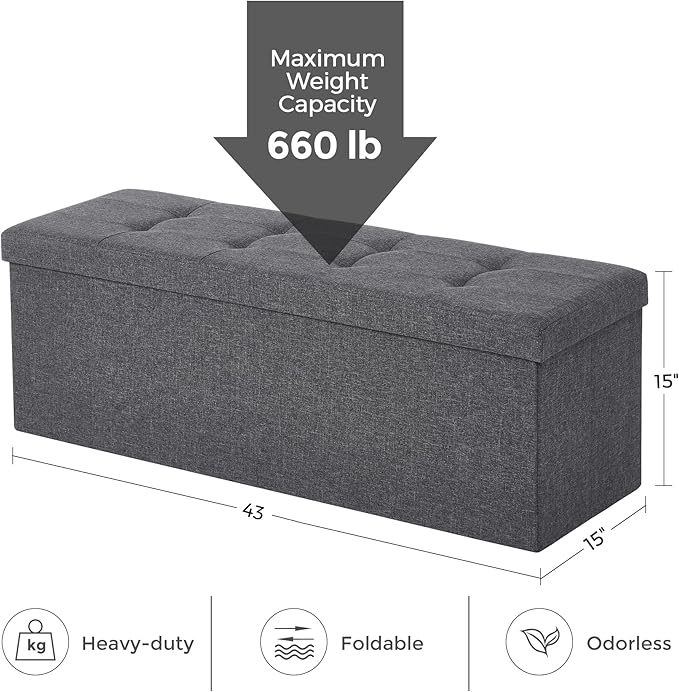 SONGMICS 43 Inches Folding Storage Ottoman Bench, Set of 2, Storage Chest, Foot Rest Stool, Bedroom Bench with Storage, Dark Gray, ULSF431G01
