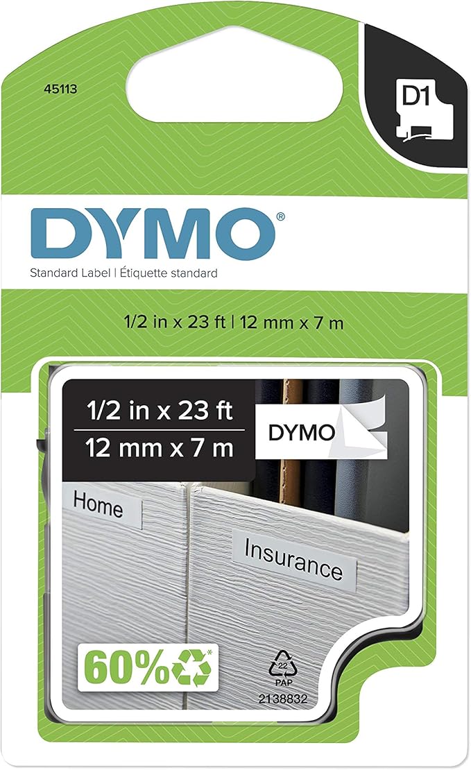 DYMO Authentic D1 Label l DYMO Labels for LabelManager, COLORPOP and LabelWriter Duo Label Makers, Great for Organization, Indoor or Outdoor Use, ½” (12mm), Black Print on White Tape, Water Resistant