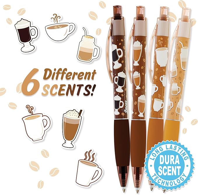 Scentco Coffee Smens - Gourmet Coffee-Scented Gel Pens, Black Ink, Medium Point, 6Pack Variety Set