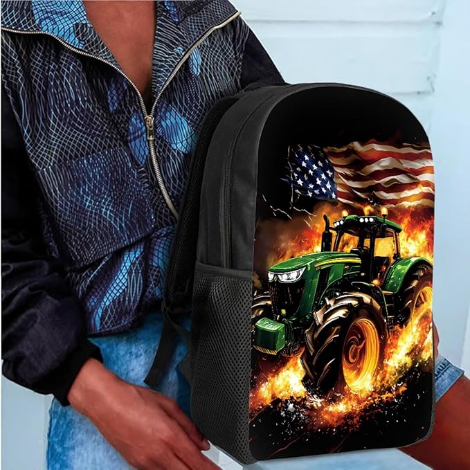 CLOHOMIN Fire Tractor Backpack and Lunchbox for Kids Boys American Flag School Bag Set of 3 with Lunch Bag Pencil Case Age 10-12 Elementary Book Bag and Lunch Tote for Girls 5th Grade