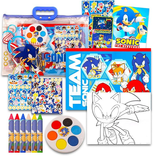 Sonic The Hedgehog Drawing and Painting Set for Boys - Sonic Gift Bundle with Coloring Book, Coloring Utensils, Watercolor Paints, Stickers, Tattoos, More | Sonic Crafts for Kids