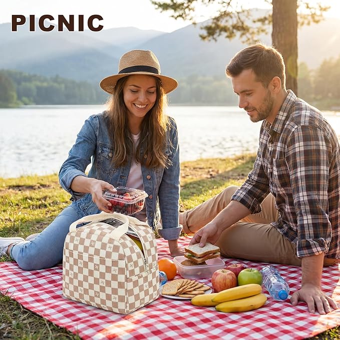 LEDAOU Lunch Box for Women Insulated Lunch Bag Corduroy Lunch Tote Bags Leakproof Cooler Lunch Case for Travel Work Picnic (rown Checkered Bow)