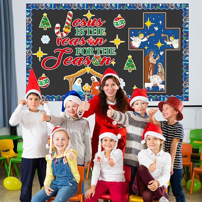 Christian Bulletin Board Decorations Jesus is The Reason for The Season Classroom Cutouts Christmas Nativity Religious Paper Decors for Xmas Holiday Sunday Church Chalkboard Wall Decor Supplies