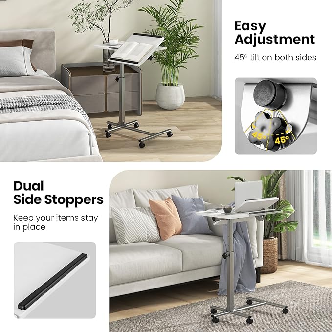 COSTWAY Rolling Laptop Stand, Mobile Laptop Tray and Cart with 45 °Degree Swivel Tilting Tabletop, Height Adjustable Mobile Podium from 24.5'' to 36'', Overbed Computer Table for Sofa, Bed (White)