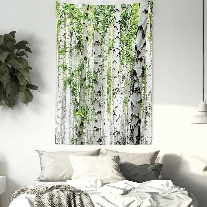 Ambesonne Woodland Tapestry Twin Size, Birch Trees in The Forest Summertime Wildlife Nature Outdoors Themed Picture, Wall Hanging Bedspread Bed Cover Wall Decor, Twin Size, White Green