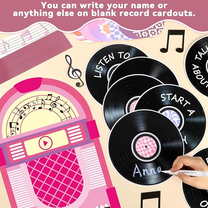 Vintage Record Bulletin Board Set Mental Health Classroom Decoration Music Retro Purple Writable Paper Cutout Make This Year A Hit Bulletin Board for Back to School Office Nursery Home Wall Door Decor