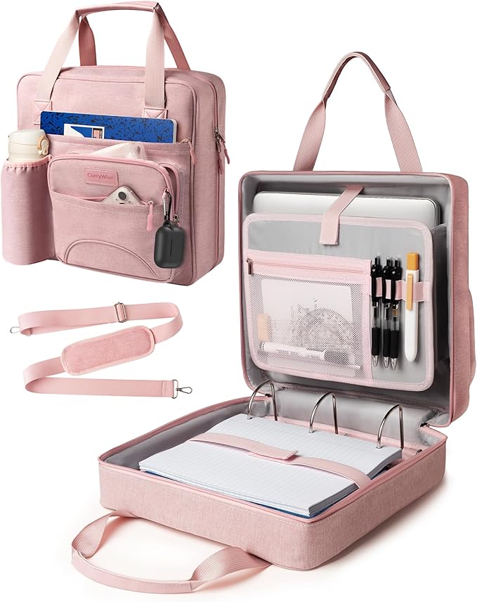 Upgraded 3 Rings Zipper Binder Organizer 3 Inch Zippered Binders with Strap Large Zip Up Portfolio Folder Bag with 9 Pockets Laptop Compartment for Office Travel, Pink