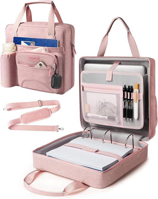 Upgraded 3 Rings Zipper Binder Organizer 3 Inch Zippered Binders with Strap Large Zip Up Portfolio Folder Bag with 9 Pockets Laptop Compartment for Office Travel, Pink