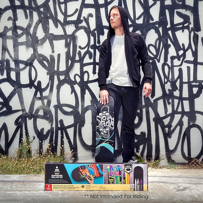 ARTEZA Customizable Skateboard Deck Art Kit – 31"x8" Matte Coated Maple Deck with Display Mount, Chrome Marker, White Pencil, Oil-Based Paint Markers & More