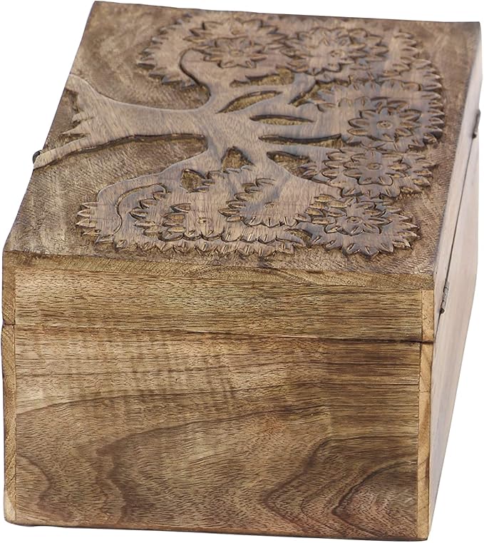 Deco 79 Mango Wood Floral Handmade Decorative Box Decorative Keepsake Boxes with Hinged Lid, Set of 3 Storage Boxes 8", 10", 12"W, Brown