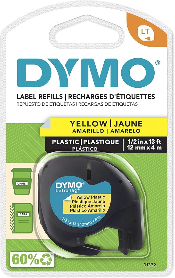 DYMO LetraTag Labeling Tape for LetraTag Label Makers, Black Print on Yellow Tape, 1/2'' W x 13' L, 1 roll (91332)