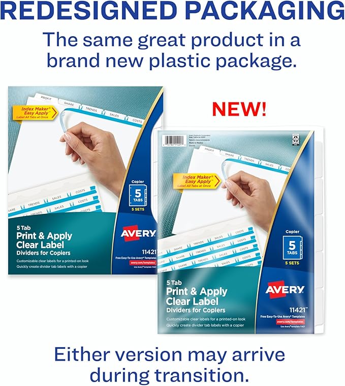 Avery 5-Tab Binder Dividers, Easy Peel Clear Labels for Copiers, Index Maker, White Tabs, 5 Sets (11421)