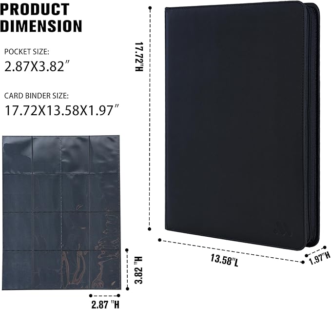 Card Binder 16 Pocket,Trading Card Binder Holds up to 1408 Cards with 44 Sleeves,Zipper Card Holder Album Compatible with TCG/Sports Cards-Black
