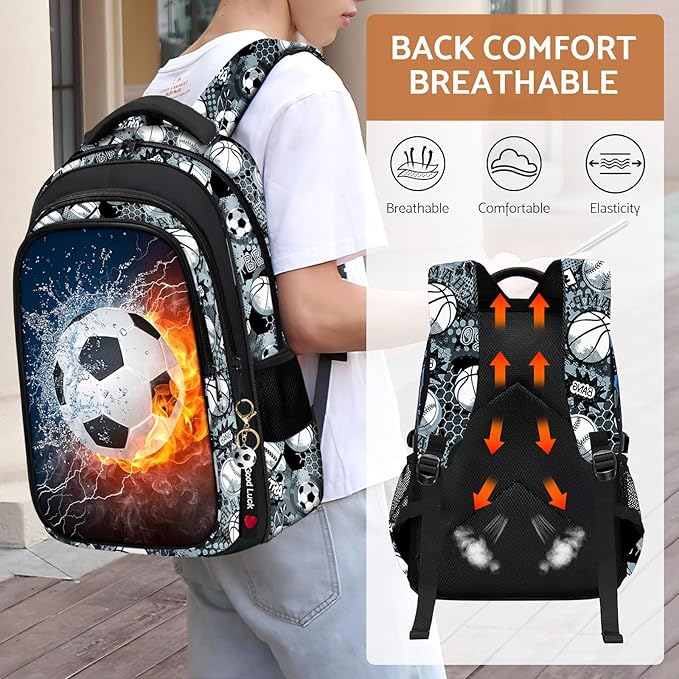 School Backpack for Boys - 4pcs Soccer Boys Backpack with Lunch Box Set for Kids Children Teens Elementary Middle School - 17″ Sport Bookbag Travel Back Pack for Age 6-18