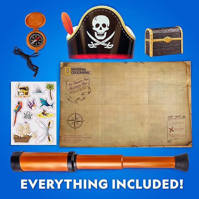 National Geographic Pirate Adventure Activity Kit – Dig for Treasure, Make a Pirate Hat & Map, Includes Spyglass, Compass, Replica Doubloon & Pyrite, STEM Toys, Telescope for Kids