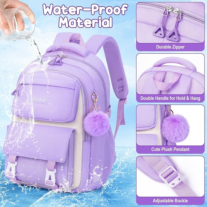 Fimibuke Backpacks for Girls, 3 PCS Waterproof School Backpack with Lunch Box & Pencil Pouch for Kids Teen Girl, Cute Bookbag School Bag for Elementary Middle High School Student Ages 6+(Blue)