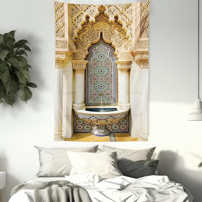 Ambesonne Moroccan Tapestry, Vintage Building Design Art Historic Exterior Facade with Mosaic Print, Fabric Wall Hanging Decor for Bedroom Living Room Dorm, 23" X 28", Ivory Pale Brown Blue