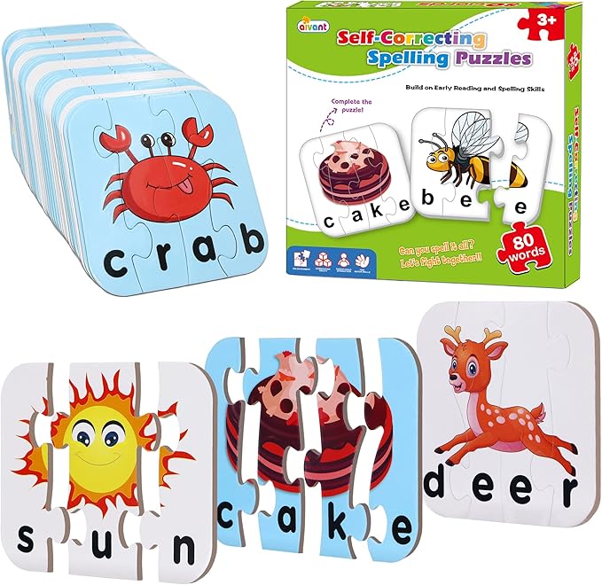 80 Words Self-Correcting Spelling Puzzles, Double-Sided Three and Four Letter Words with Matching Images, Perfect for Kids Age 3+ Year Old