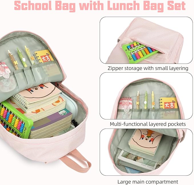 School Backpack for Girls, 3PCS Bookbags Set with Lunch Box Pencil Pouch Elementary Middle School Bag Laptop Back Packs (Stripes Pink)