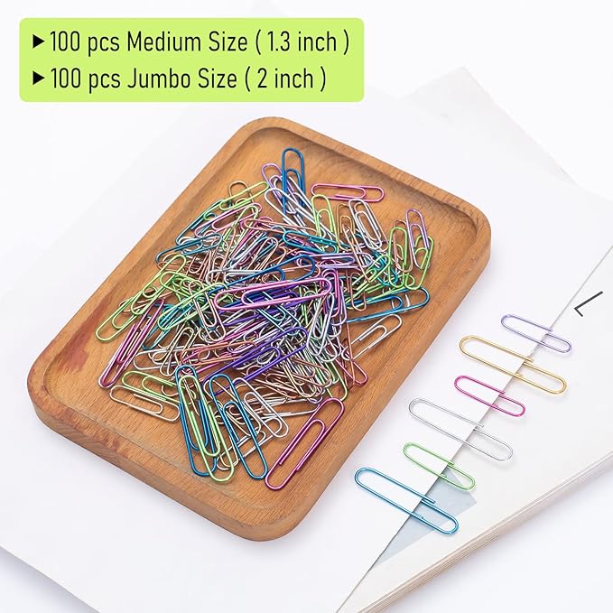 Paper Clips, 200pcs Jumbo and Medium （2 inch & 1.3 inch） Colored Clip, Large PaperClips Assorted Colors Sizes, Paper Clips for Paperwork Office School and Personal Use