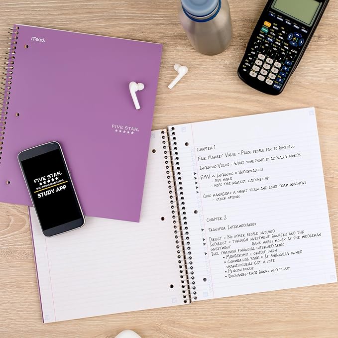 Five Star Spiral Notebook + Study App, 5 Subject, College Ruled Paper, 8-1/2" x 11", 200 Sheets, Fights Ink Bleed, Water Resistant Cover, Amethyst Purple (38748) (Pack of 3)