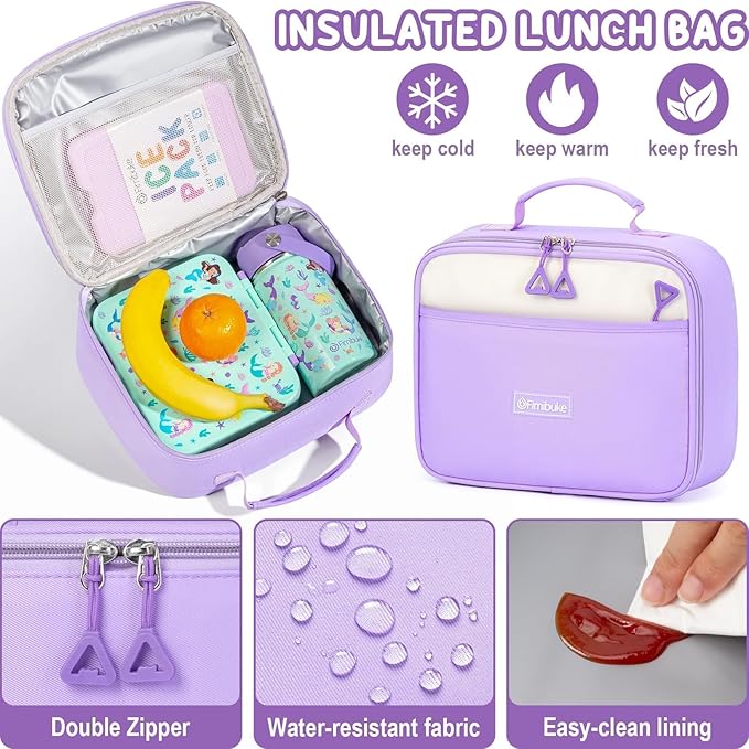 Fimibuke Backpacks for Girls, 3 PCS Waterproof School Backpack with Lunch Box, Pencil Pouch Set for Kids Teens Girls, Cute Bookbag School Bag for Elementary Middle High School Student Ages 6+(Purple)