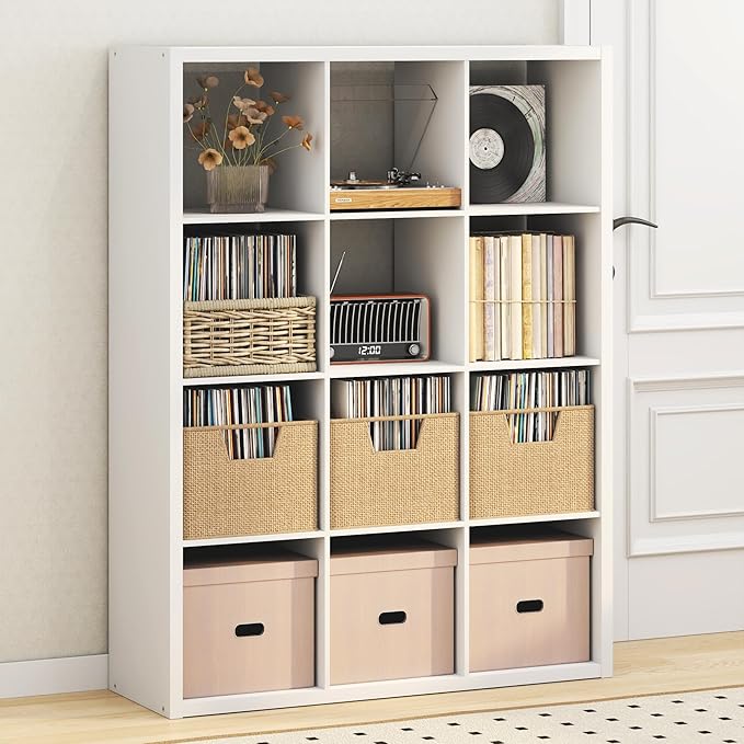 Furinno Cubicle Record Player Stand with Vinyl Storage, 12-Cube 1.2 Extra Thick Vinyl Record Storage, Open Back Media Shelf for CD DVD Blueray Game Disc, for Living Room, Home Office, White