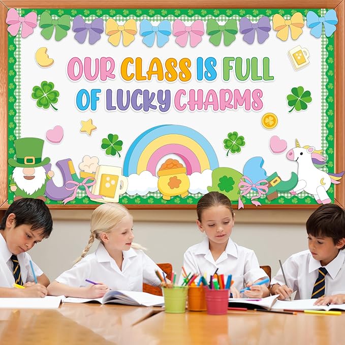St. Patrick's Day Bulletin Board Decoration March Bulletin Board Set Lucky Shamrock Gold Coin Colorful Bows Paper Cutouts for St. Patrick Party Supplies School Classroom Chalkboard Wall Door Decor