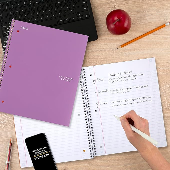 Five Star Spiral Notebook + Study App, 1 Subject, Wide Ruled Paper, 8" x 10-1/2", 100 Sheets, Fights Ink Bleed, Water Resistant Cover, Amethyst Purple (72351)