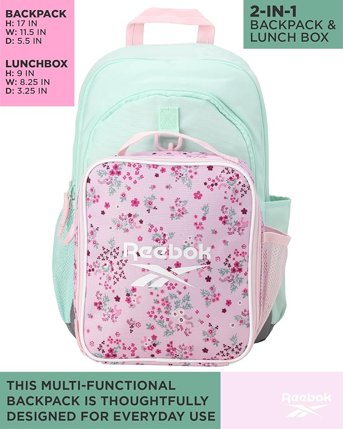Reebok Girls and Boys Backpack - 2-in-1 Coordinated School Backpack for Girls and Boys with Detachable Lunch Box for Kids, Aqua