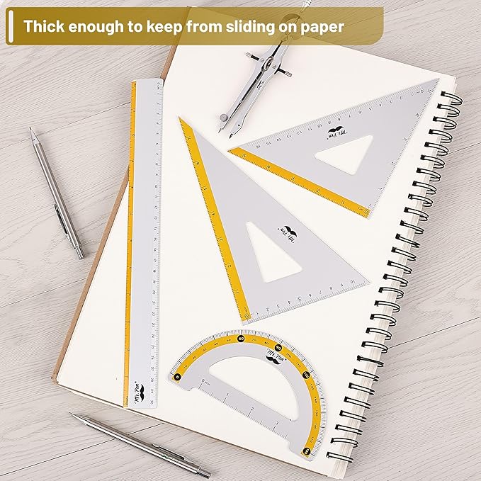 Mr. Pen- Geometry Set, Yellow Stripes, 4 Pack, Metal Geometry Kit, Triangle Ruler, Metal Ruler, Drafting Triangles, Metal Protractor, Metal Set Square, Drafting Ruler, Drafting Set