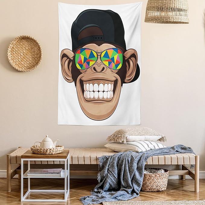 Ambesonne Cartoon Tapestry, Fun Hipster Monkey with Colorful Sunglasses and Hat Rapper Hippie Ape Art, Fabric Wall Hanging Decor for Bedroom Living Room Dorm, 30" X 45", White Brown
