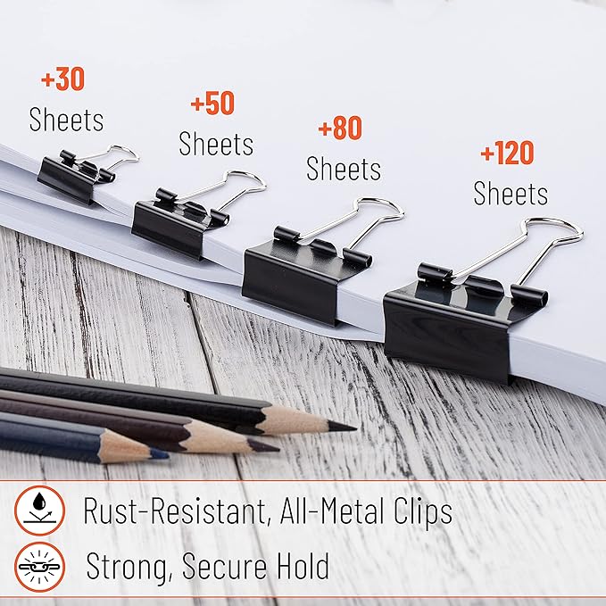 Mr. Pen- Binder Clips, 100 pcs, Assorted Sizes, Black Binder Paper Clips, Bulk Paper Clamps for Office Supplies, Home, School, Business, Document Organizing