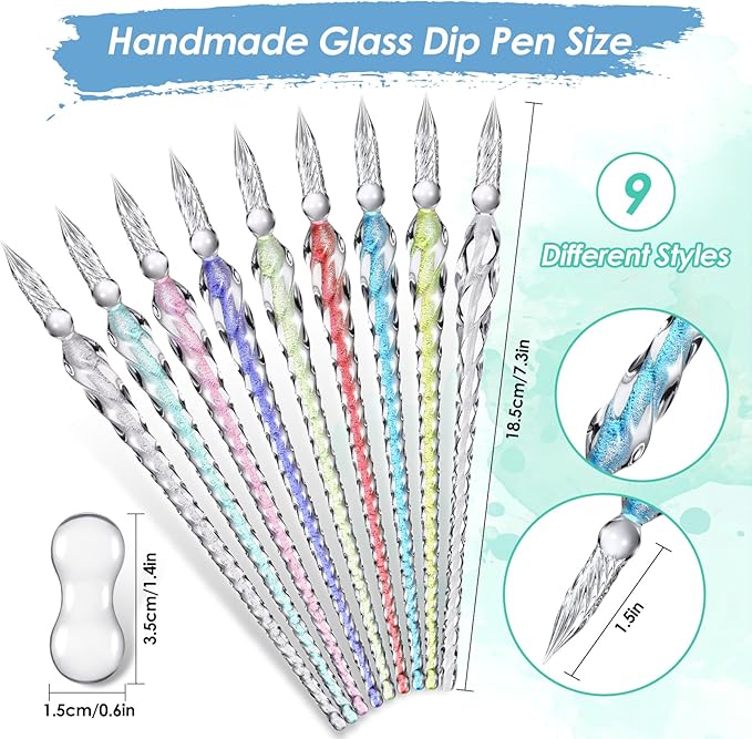 Outus 9 Pieces Glass Dip Pen Handmade Glass Signature High Borosilicate Crystal Vintage Dip Pen with 9 Pieces Penholder for Writing Drawing Calligraphy(Classic style,Classic Color)
