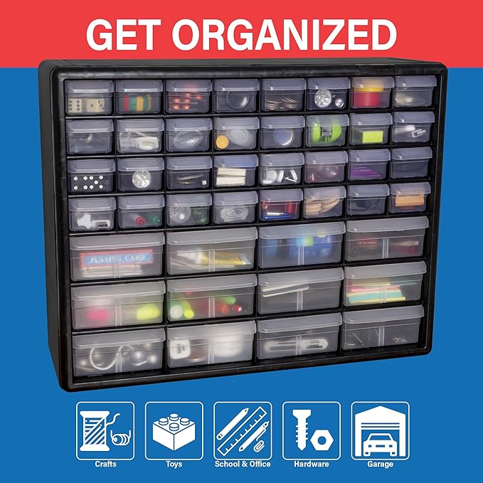 Akro-Mils 44-Drawer Plastic Drawer Storage Cabinet for Garage Organization, Bead Organizer, Building Bricks Storage, Teacher Toolbox, Makeup Organizer, 20" W x 6" D x 16" H, 10144 Black