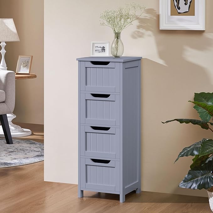 Yaheetech Bathroom Floor Cabinet, Wooden Side Storage Organizer, 4 Drawers Free-Standing Cabinet for Bathroom/Hallway/Living Room, Gray